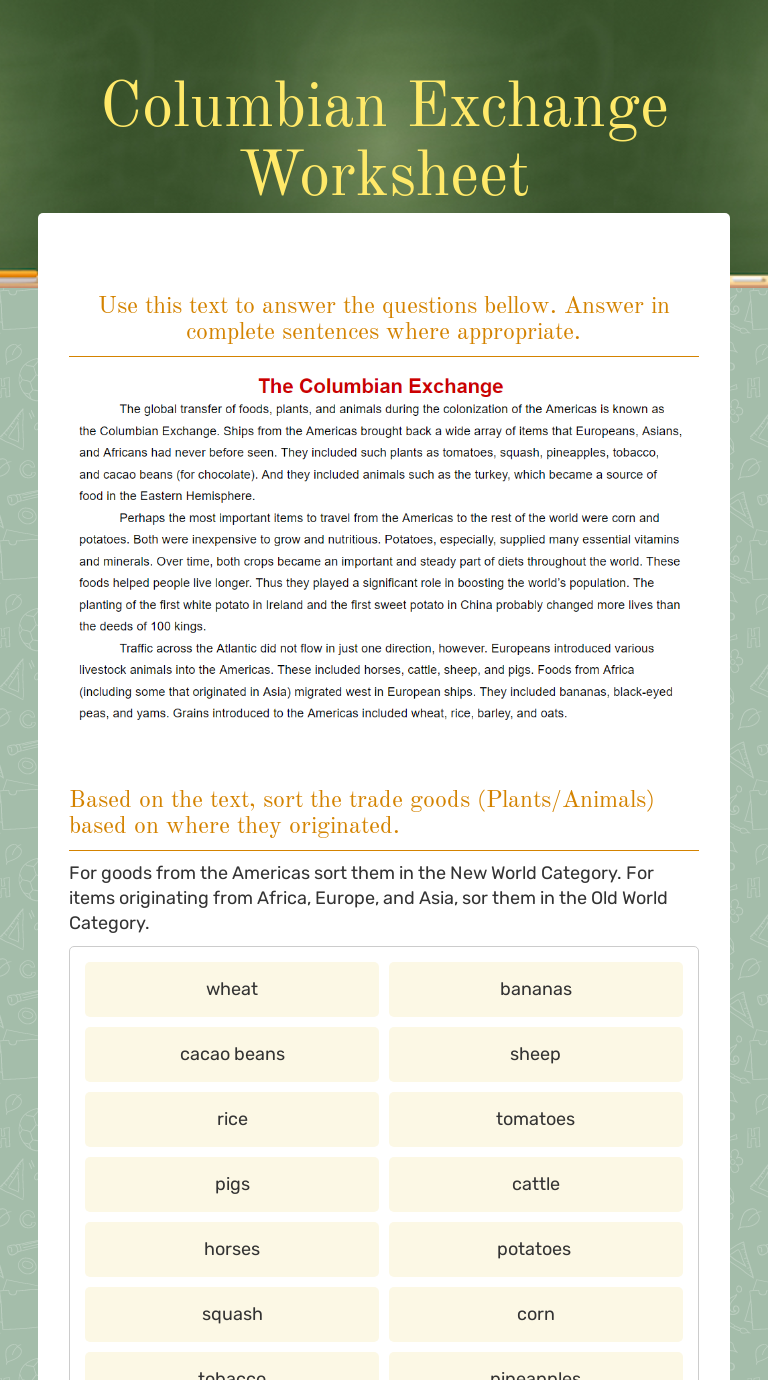 Columbian Exchange Worksheet Interactive Worksheet By Mr Foy Wizer Me