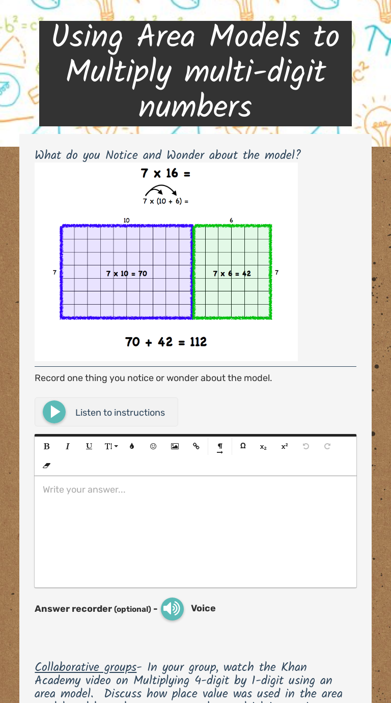 using area models to multiply multi digit numbers interactive worksheet by jessica baker braxton wizer me