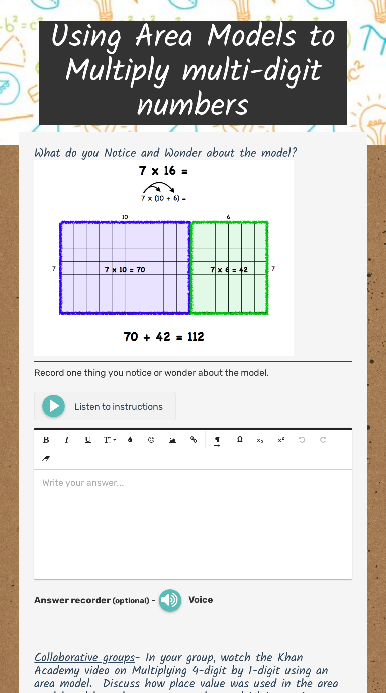 Using Area Models To Multiply Multi Digit Numbers Interactive Worksheet By Jessica Baker Braxton Wizer Me