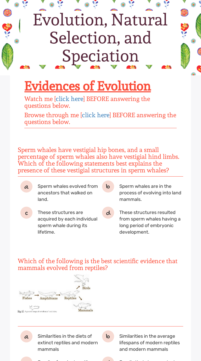 Evolution, Natural Selection, and Speciation  Interactive Intended For Evolution And Natural Selection Worksheet