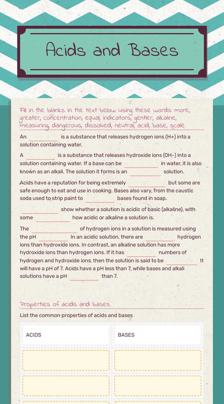 Acids and Bases  Interactive Worksheet by Angela Petrow  Wizer.me With Solutions Acids And Bases Worksheet