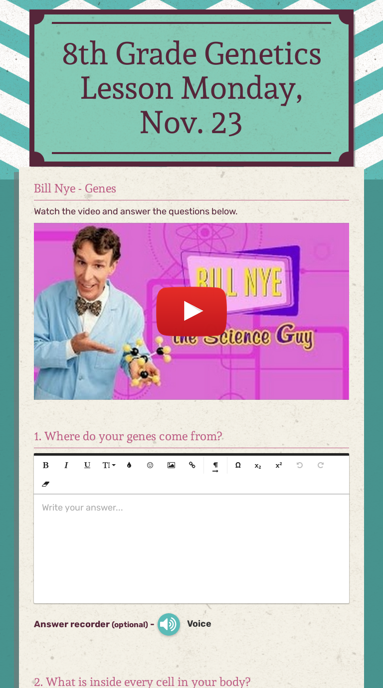 22th Grade Genetics Lesson Monday, Nov. 22  Interactive Worksheet Inside Bill Nye Genes Worksheet