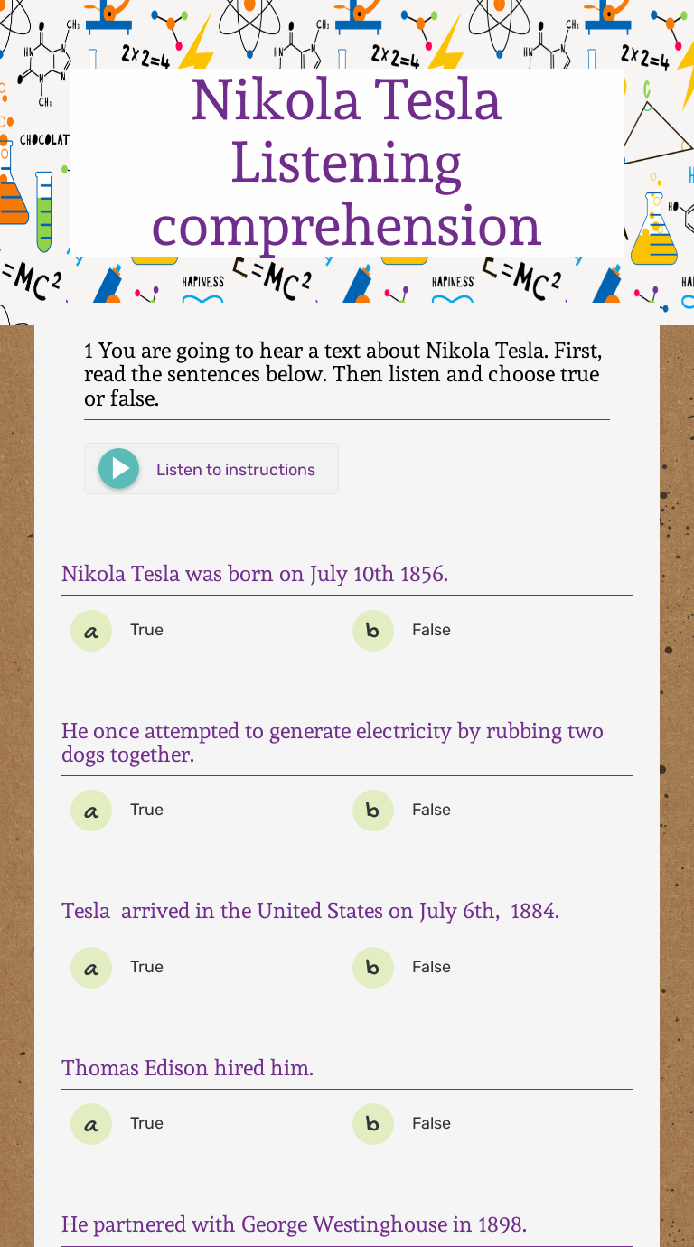 Nikola Tesla Listening comprehension Grade 5 worksheet preview