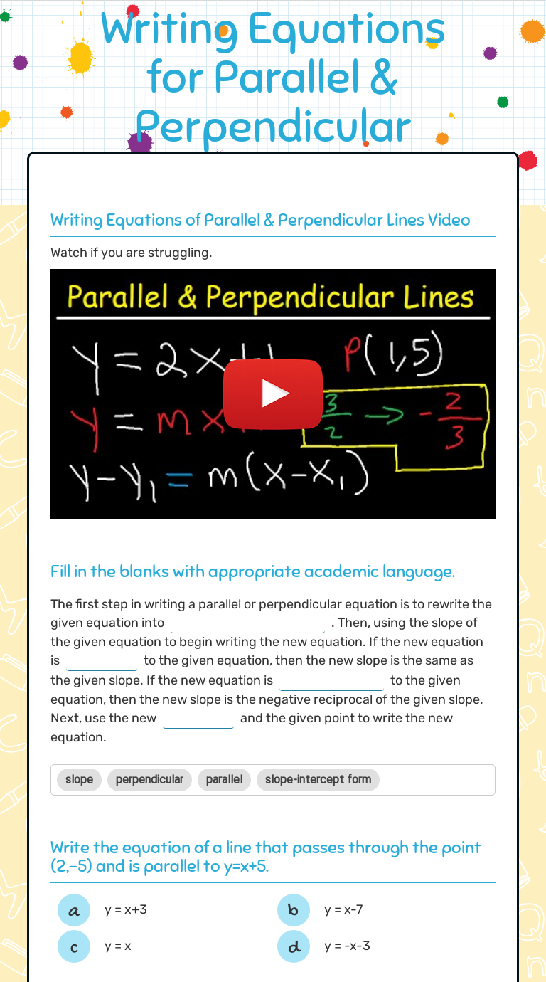 Writing Equations for Parallel & Perpendicular Lines  Interactive In Writing Equations Of Lines Worksheet