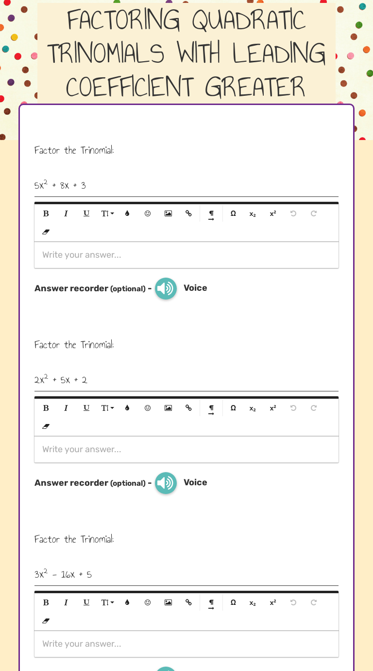 FACTORING QUADRATIC TRINOMIALS WITH LEADING COEFFICIENT GREATER Pertaining To Factoring Quadratic Trinomials Worksheet