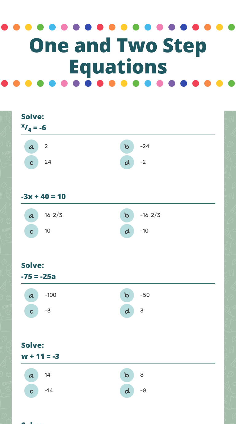 One and Two Step Equations worksheet