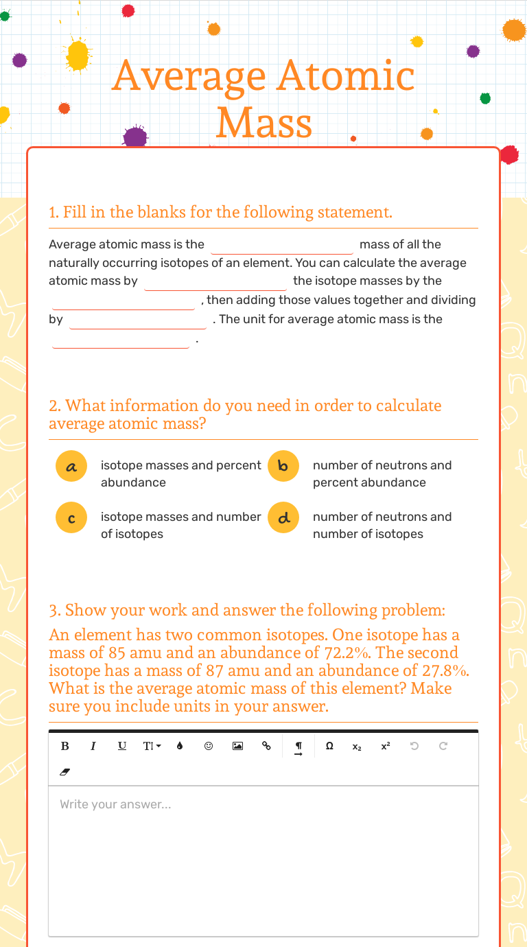 Average Atomic Mass  Interactive Worksheet by Joe Robison  Wizer.me Intended For Calculating Average Atomic Mass Worksheet