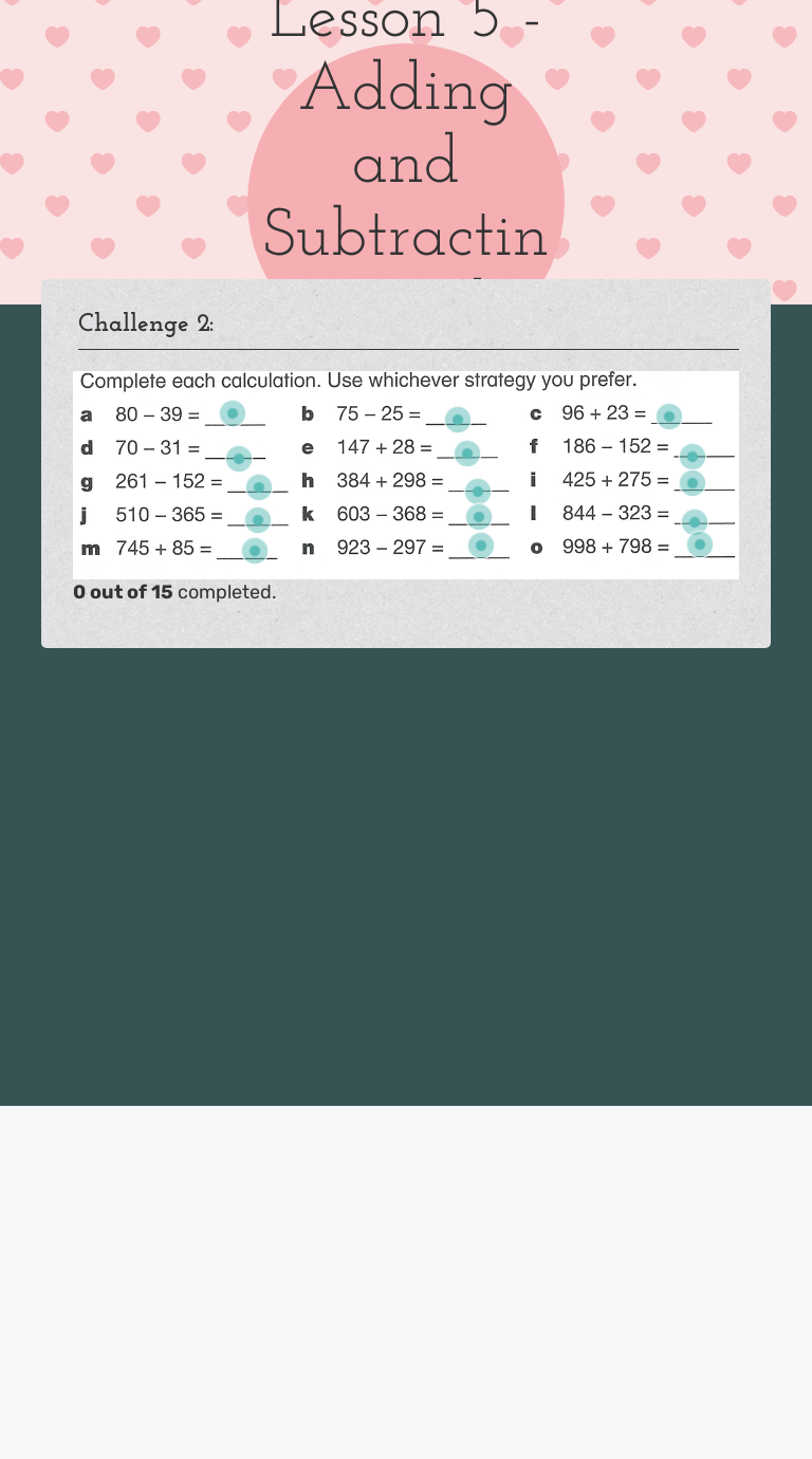 Unit 9: Lesson 5 - Adding and Subtracting 2 and 3 digit numbers worksheet preview image
