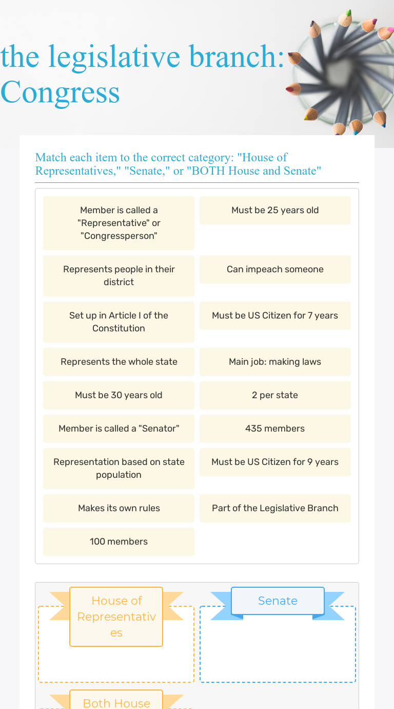 The Legislative Branch Congress Interactive Worksheet By Elie Camp Wizer Me