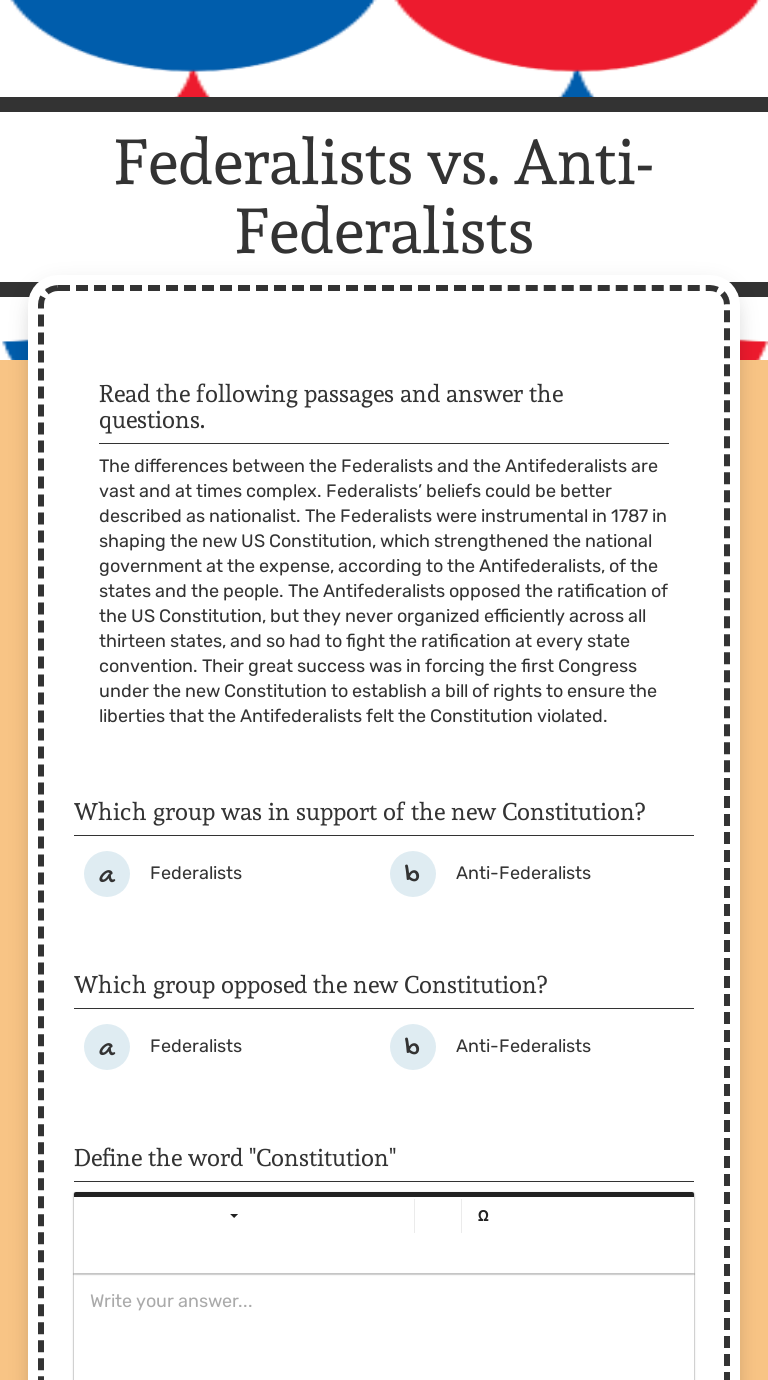 Federalists vs. AntiFederalists Interactive Worksheet by Anthony