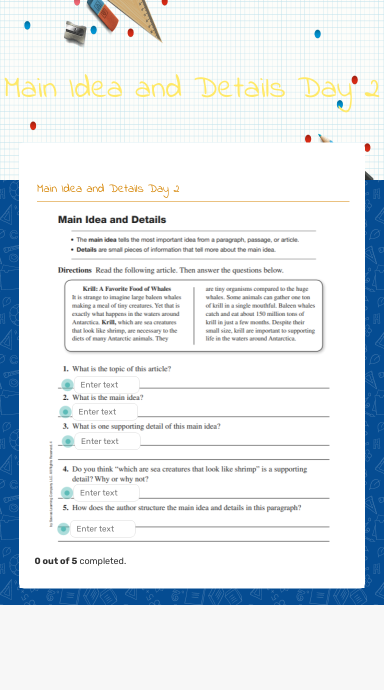 Main Idea and Details Day 2 Grade 4 worksheet preview