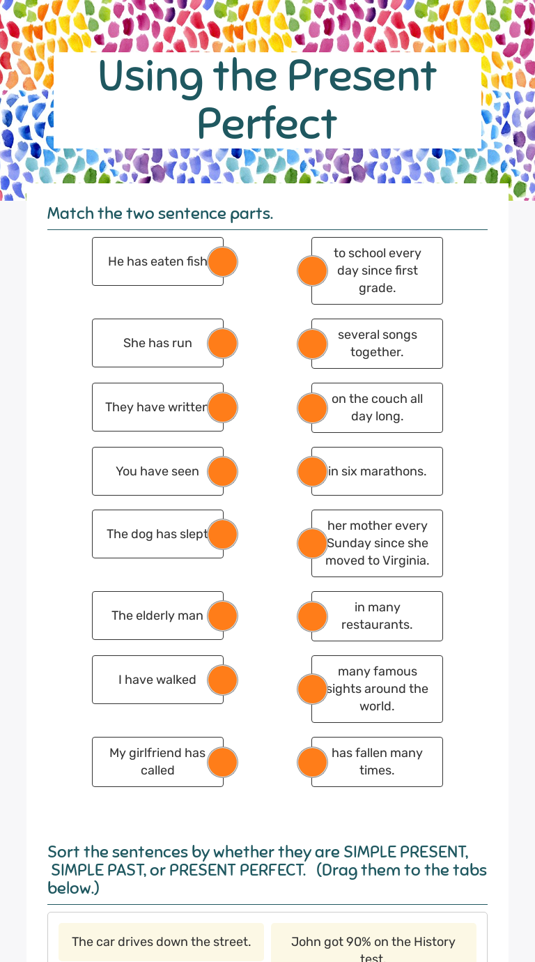 Using the Present Perfect worksheet preview image