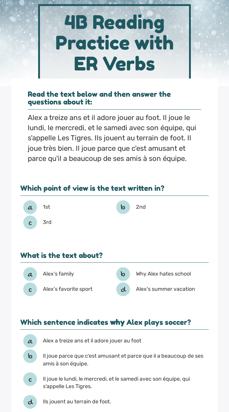 4B Reading Practice with ER Verbs Grade 7 worksheet preview
