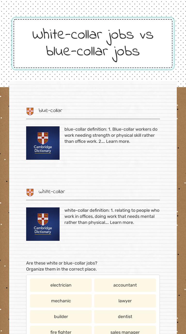 White-collar jobs vs blue-collar jobs worksheet preview image