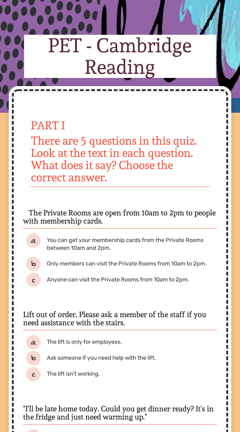 PET - Cambridge Reading worksheet preview image