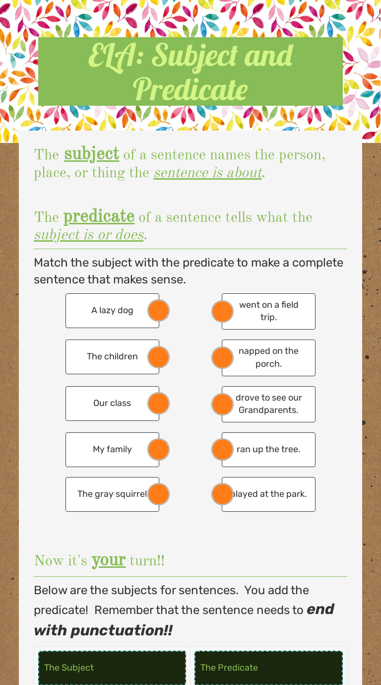 ELA:  Subject and Predicate Grade 3 worksheet preview