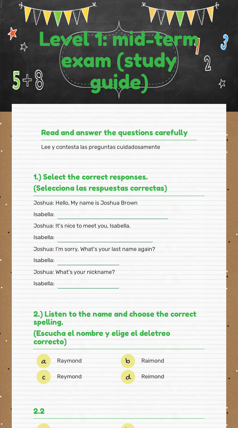 Level 1: mid-term exam (study guide) worksheet preview image