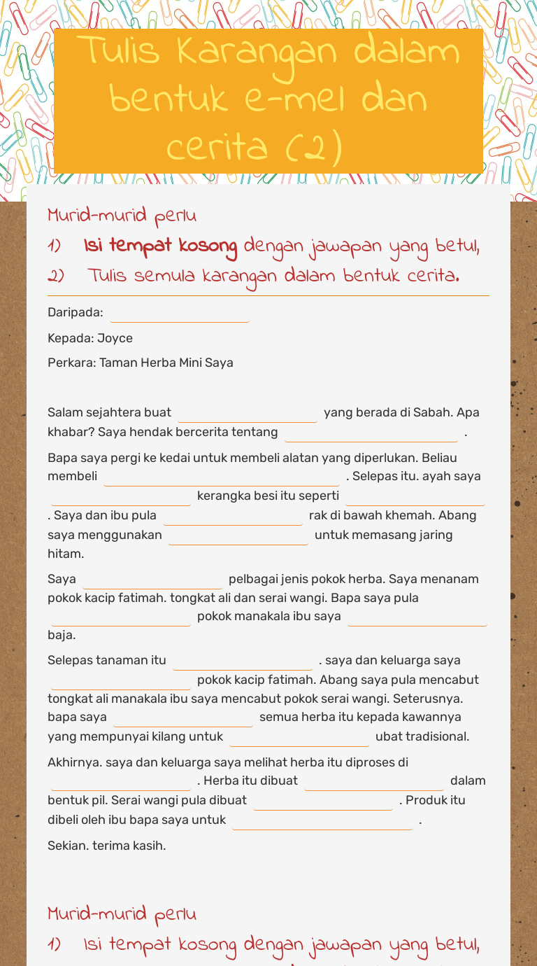 Tulis Karangan Dalam Bentuk E Mel Dan Cerita 2 Interactive Worksheet By Tan Yueh Guoo Moe Wizer Me