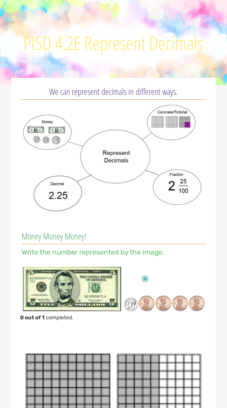 PISD 4.2E Represent Decimals Grade 4 worksheet preview
