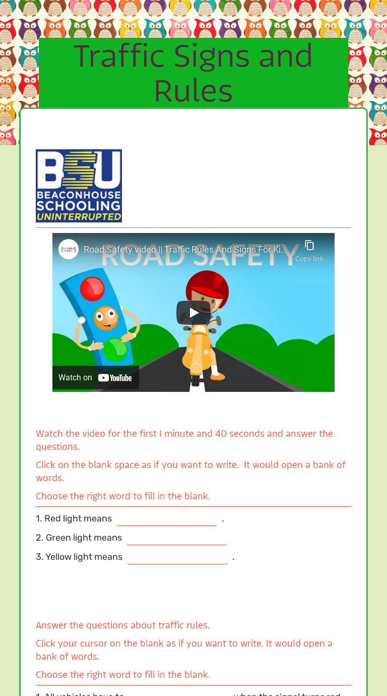 Traffic Signs and Rules Grade 1 worksheet preview