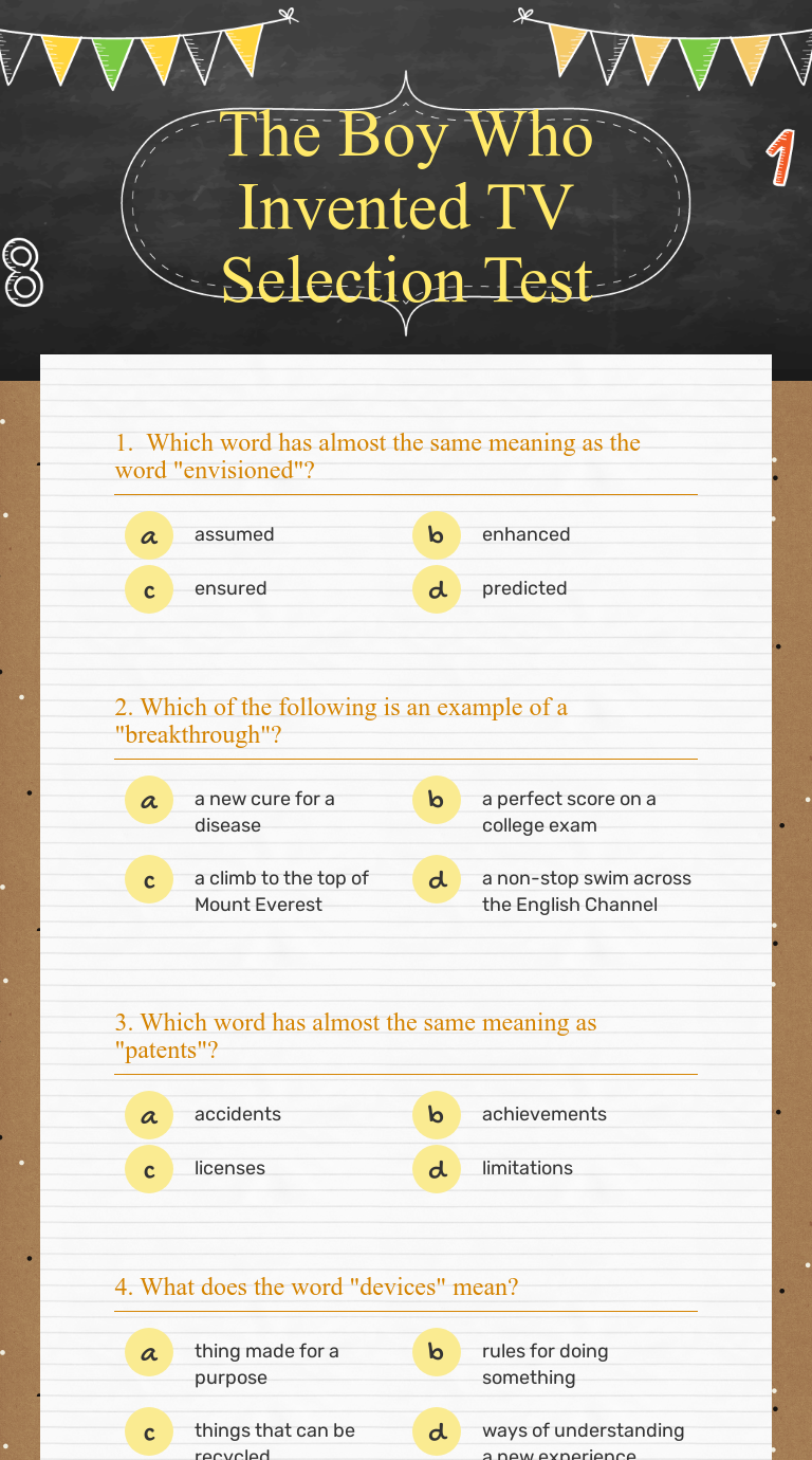 The Boy Who Invented Tv Selection Test Interactive Worksheet By Dave Lichter Wizer Me