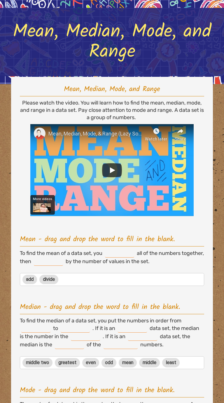 Mean, Median, Mode, and Range worksheet preview image