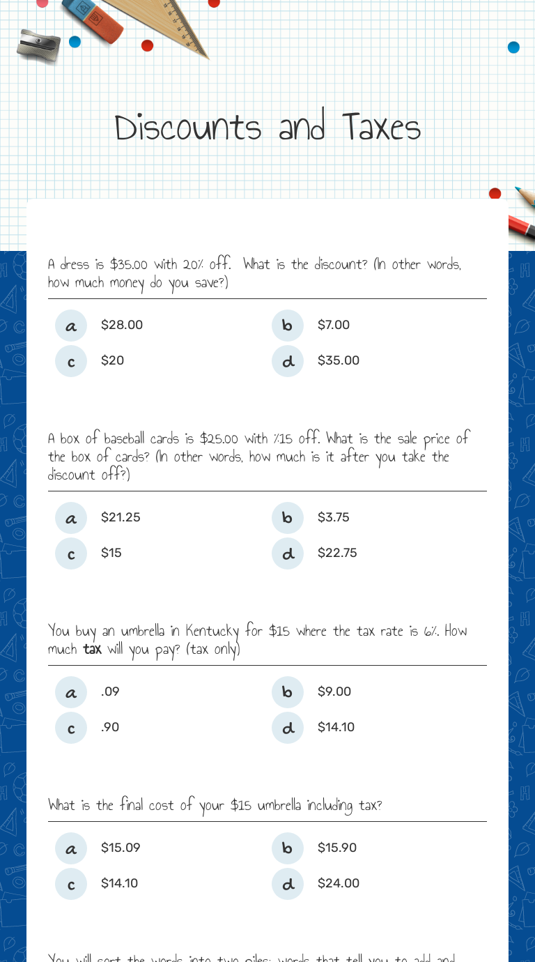Discounts and Taxes Interactive Worksheet by Briannon Jarrell Wizer me