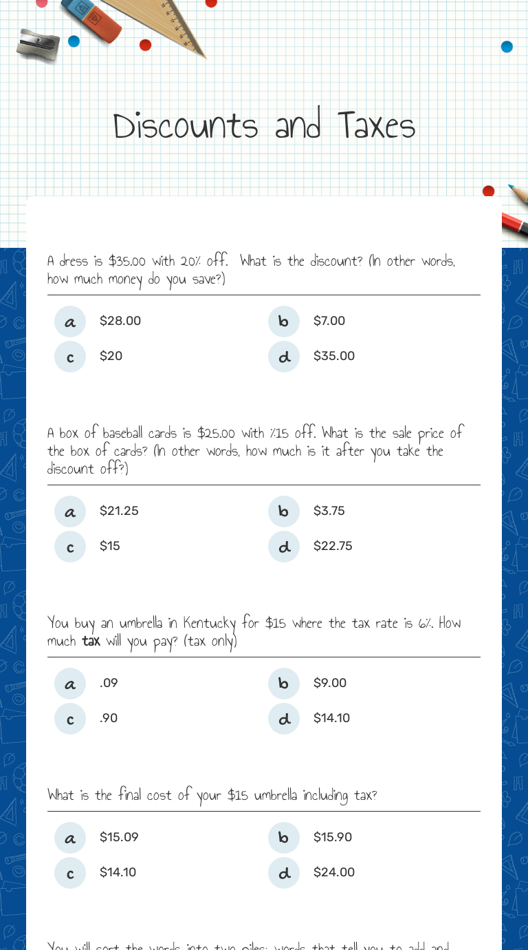 6th Grade Discounts Math Worksheet