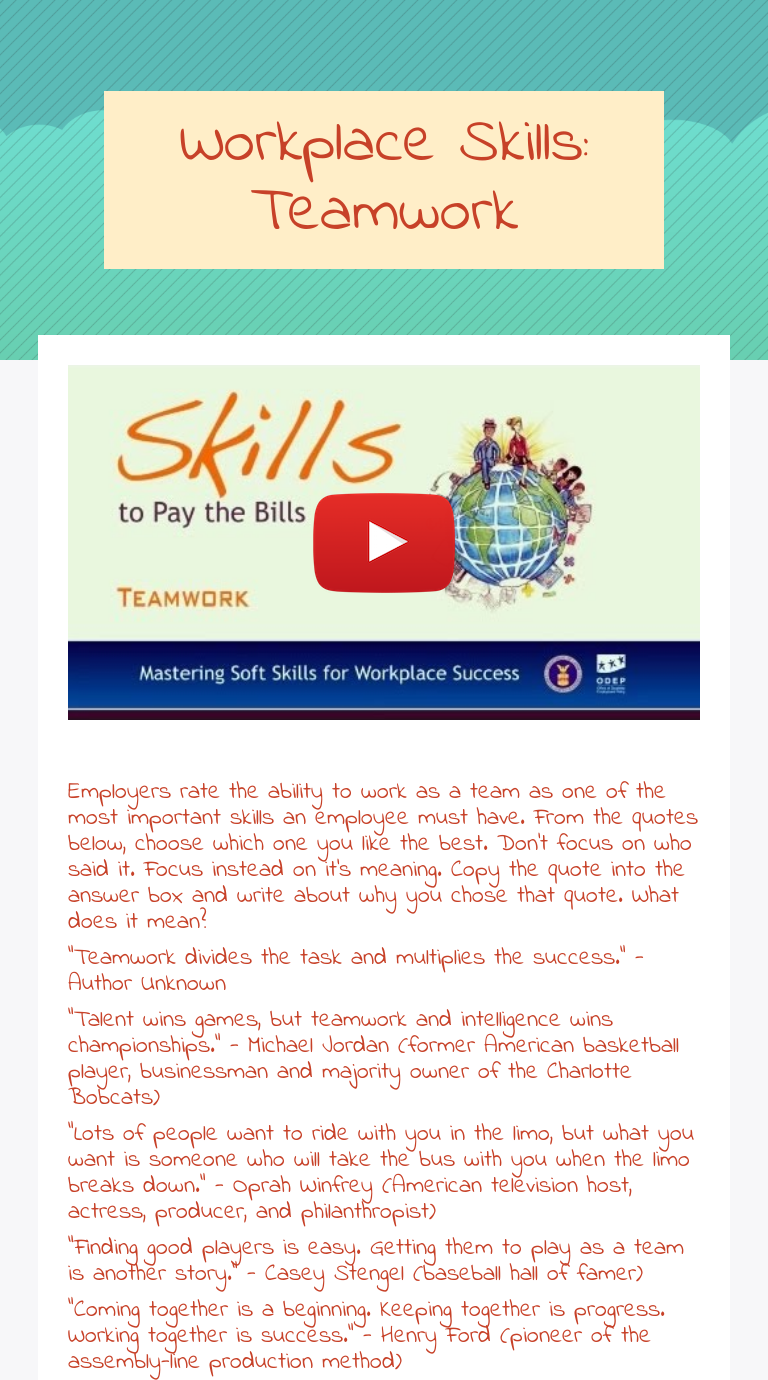 Workplace Skills: Teamwork Grade 10 worksheet preview