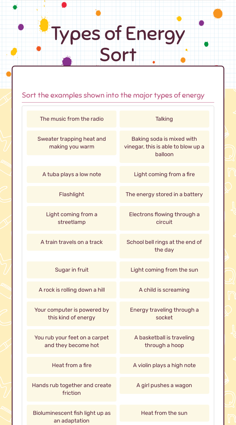 Types of Energy Sort Interactive Worksheet by Ambrionna Dallas Wizer.me