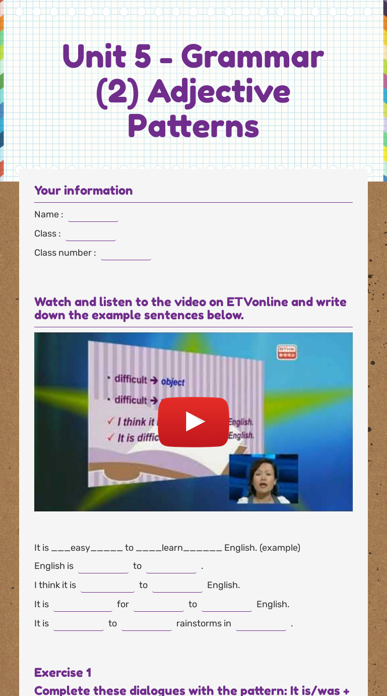 Unit 5 Grammar (2) Adjective Patterns Interactive Worksheet by Ka