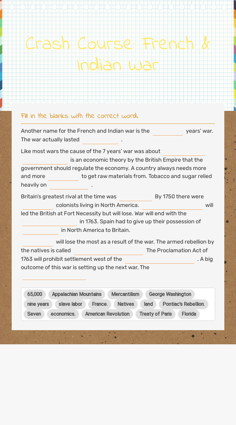 Crash Course: French & Indian War  Interactive Worksheet by Anna Regarding French And Indian War Worksheet