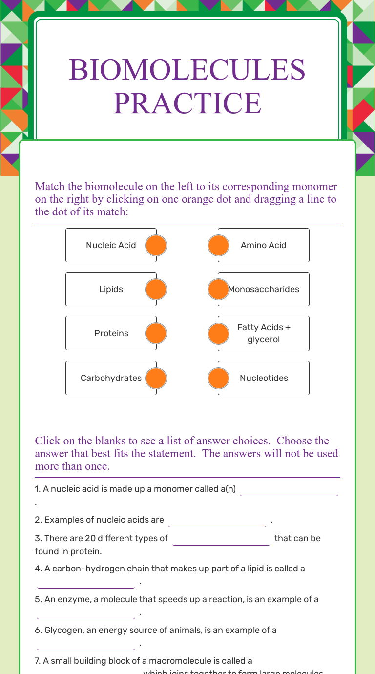 Biomolecules PRACTICE  Interactive Worksheet by Heather Mccallum With Biological Molecules Worksheet Answers