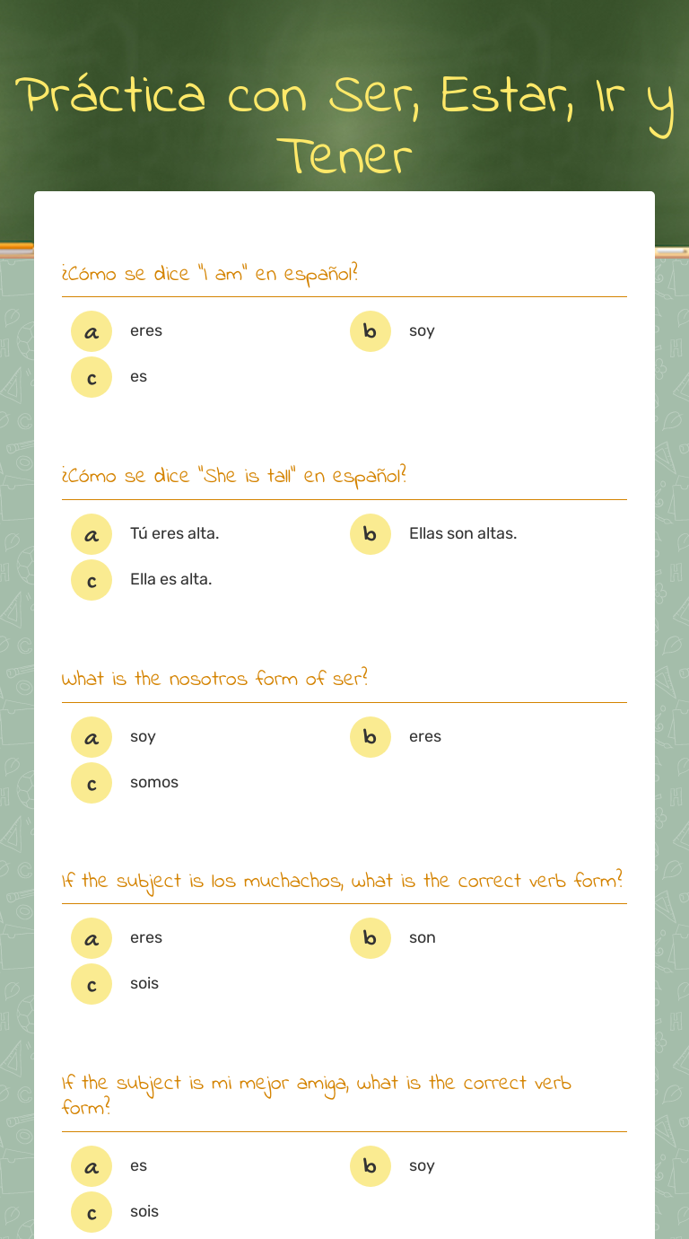 Práctica con Ser, Estar, Ir y Tener worksheet preview image