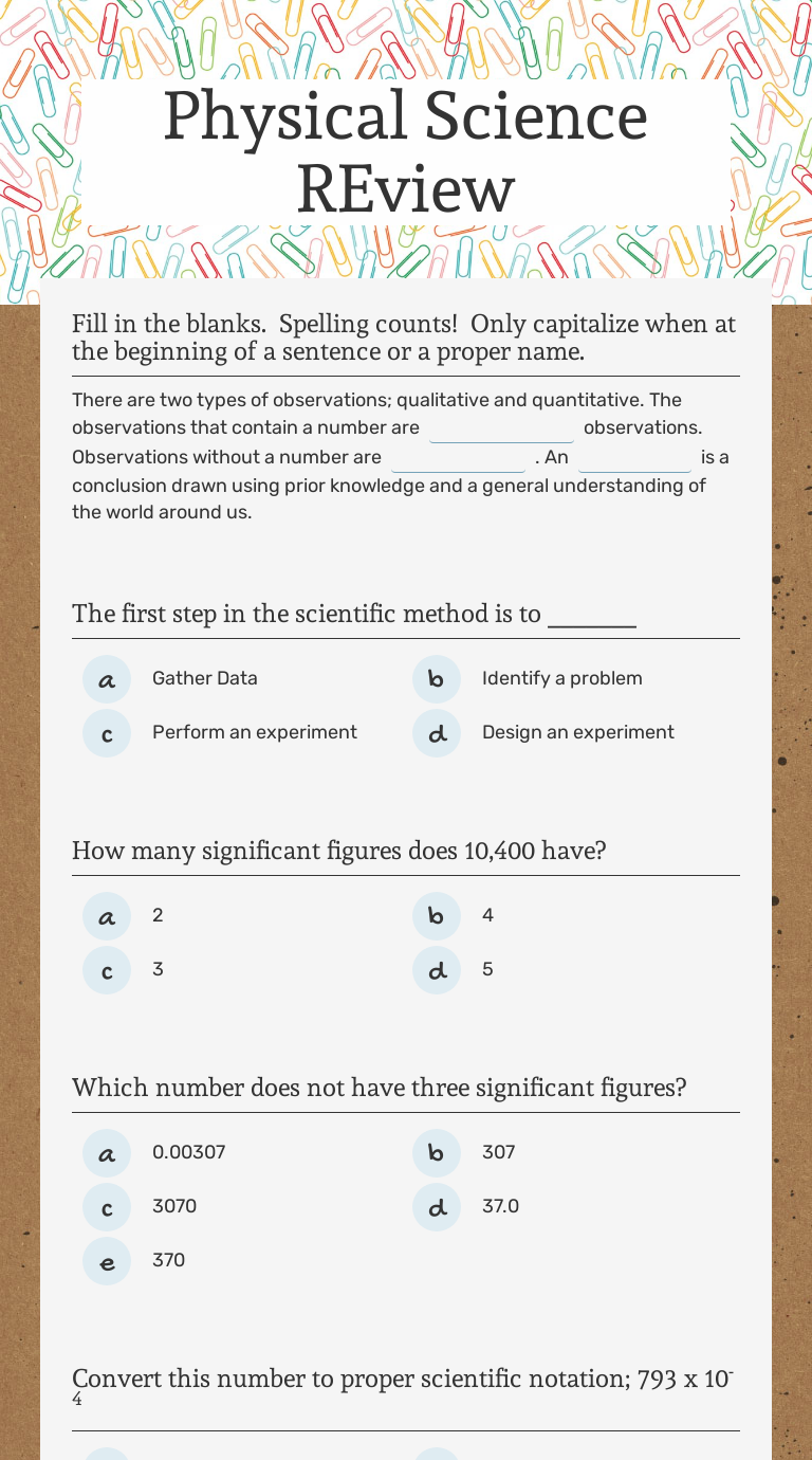 Physical Science REview | Interactive Worksheet by Mandi Davis | Wizer.me