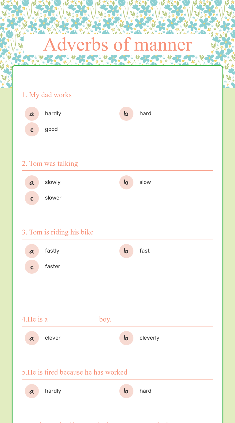 Adverbs of manner Grade 7 worksheet preview