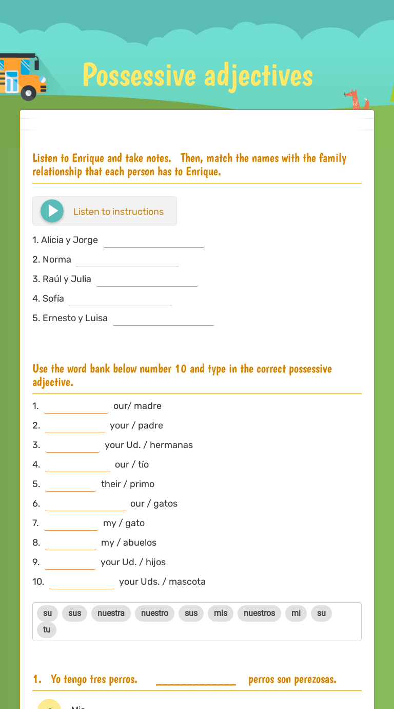 Possessive adjectives | Interactive Worksheet by Jasmine Johnson | Wizer.me