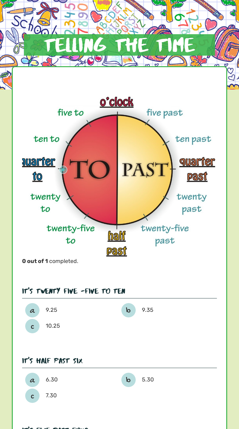 Telling the time Grade 1 worksheet preview
