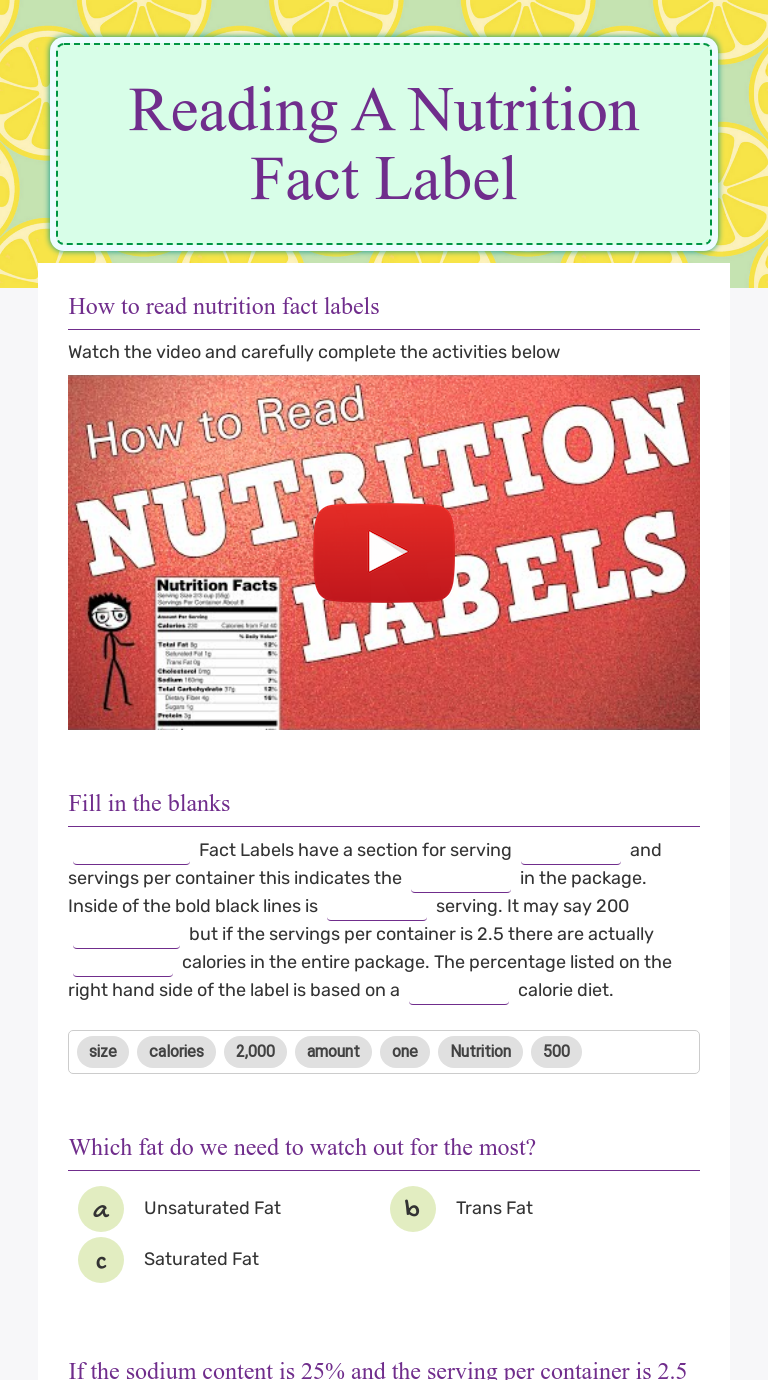 Reading A Nutrition Fact Label Interactive Worksheet by Monica White