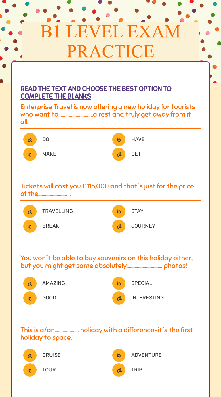 B1 LEVEL EXAM PRACTICE | Interactive Worksheet By Sofia Scheierman ...