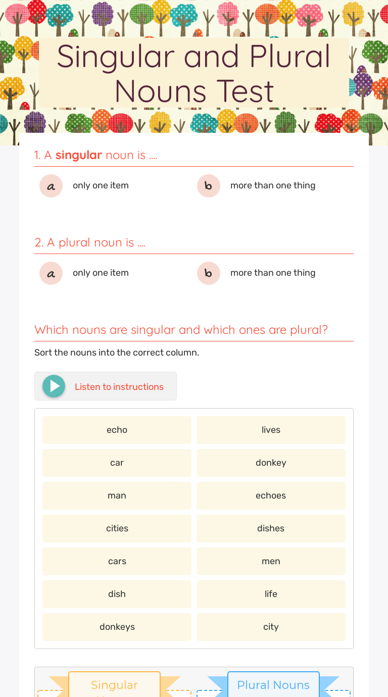 Singular and Plural Nouns Test | Interactive Worksheet by Marissa Reyes ...