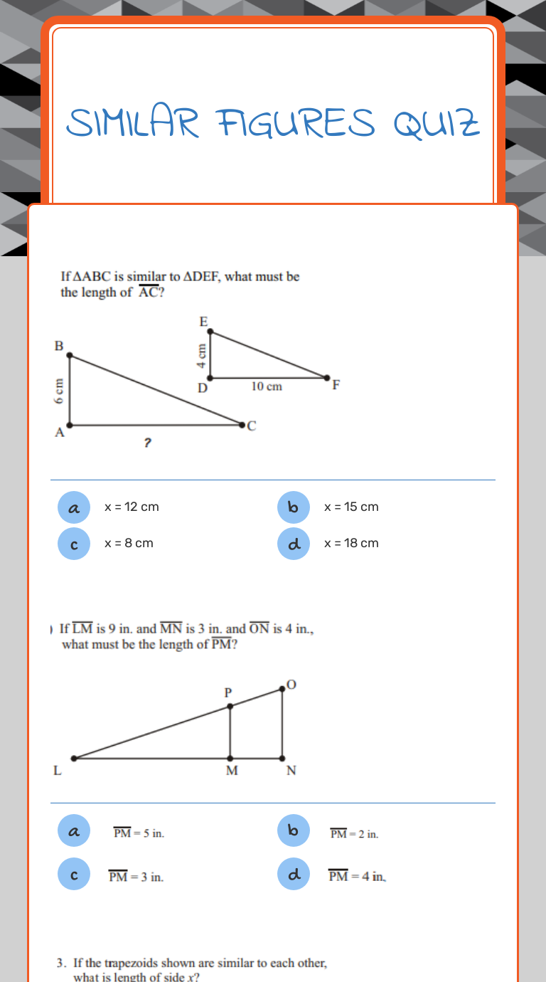 Similar Figures
Quiz worksheet preview image