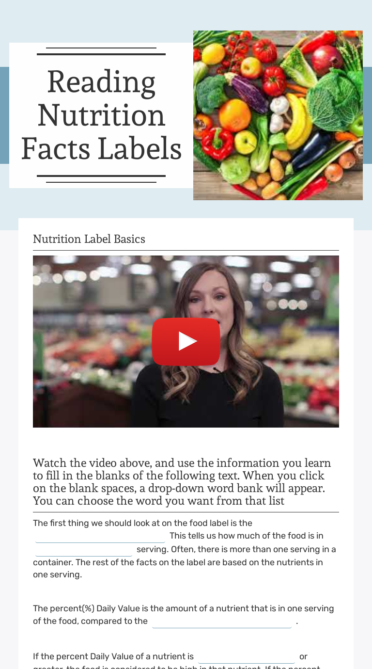 Reading Nutrition Facts Labels  Interactive Worksheet by Caitlin With Blank Nutrition Label Worksheet