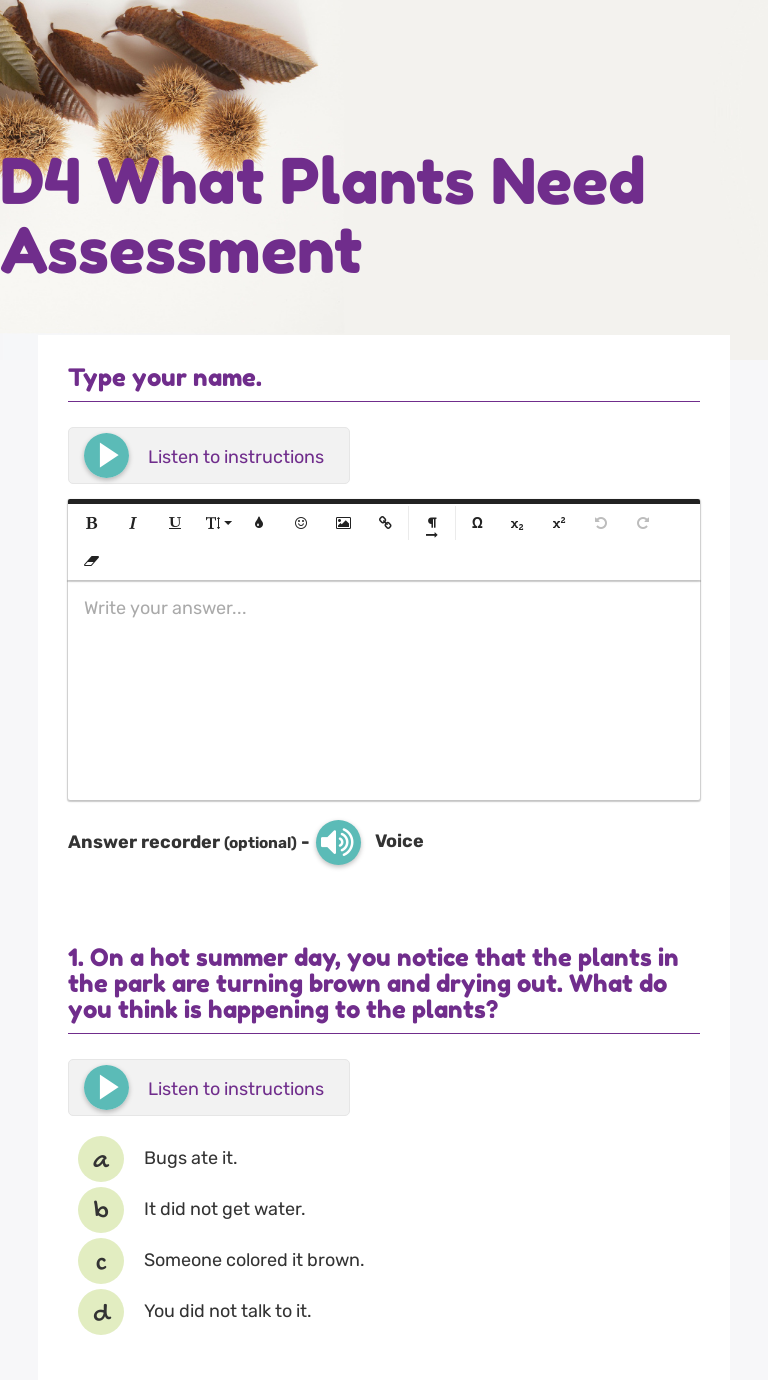 D4 What Plants Need Assessment worksheet preview image