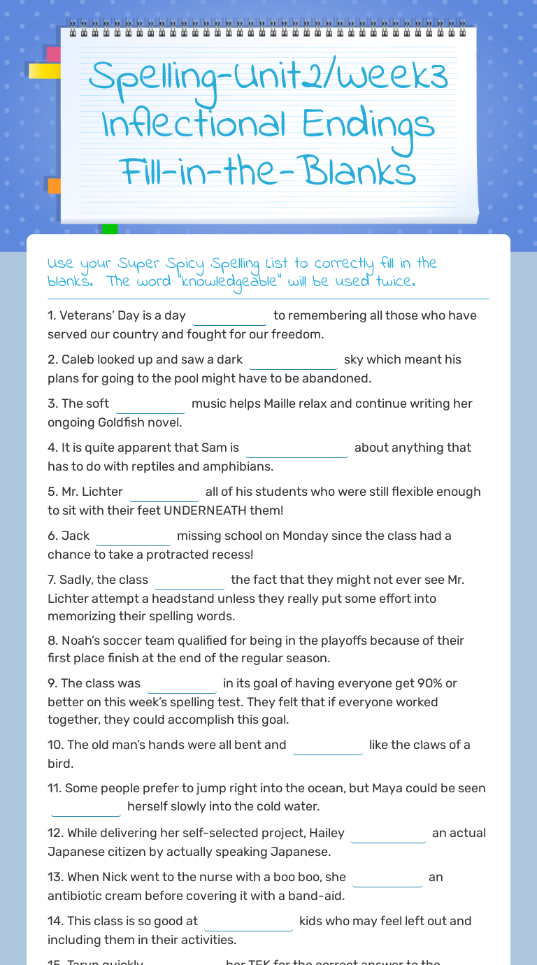 Spelling Unit2 Week3 Inflectional Endings Fill In The Blanks