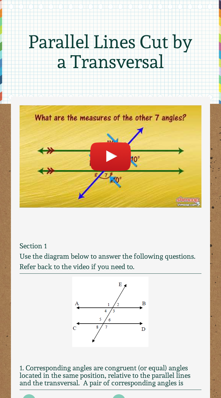 Parallel Lines Cut by a Transversal Interactive Worksheet by A