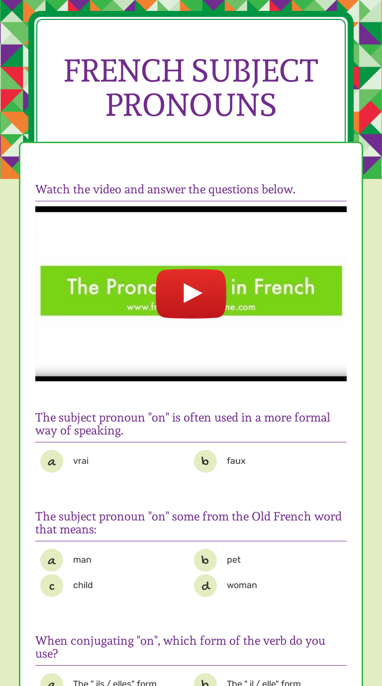 french Subject pronouns Grade 8 worksheet preview