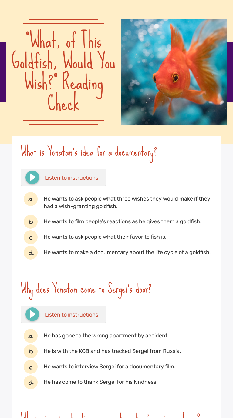  what of this goldfish would you wish reading check interactive