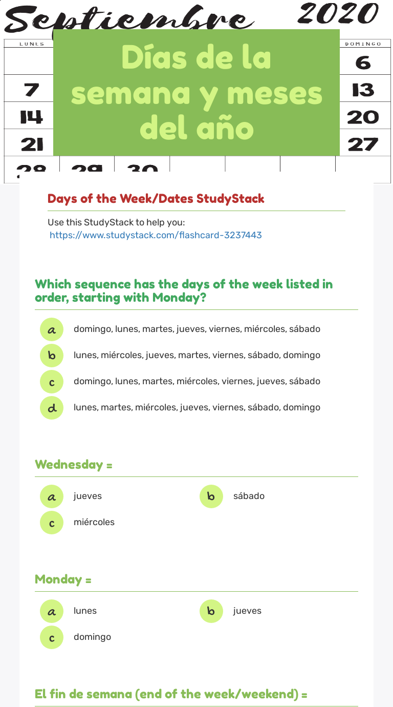 Días de la semana y meses del año Grade 3 worksheet preview