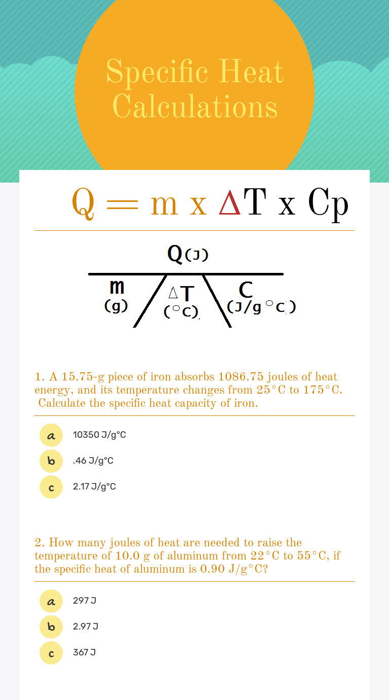 Specific Heat Calculations Interactive Worksheet By Cheryl Thomas Wizer Me